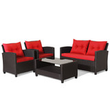 Costway 38197562 4 Pieces Patio Rattan Furniture Set with Tempered Glass Coffee Table-Red