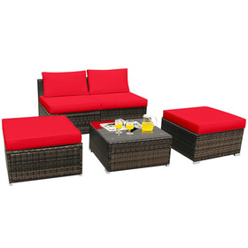 Costway 21935870 5 Pieces Patio Rattan Furniture Set with Cushioned Armless Sofa-Red
