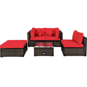 Costway 07345816 5 Pcs Outdoor Patio Rattan Furniture Set Sectional Conversation with Navy Cushions-Red