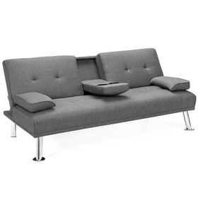 Costway 28543960 Convertible Folding Futon Sofa Bed Fabric with 2 Cup Holders-Light Gray