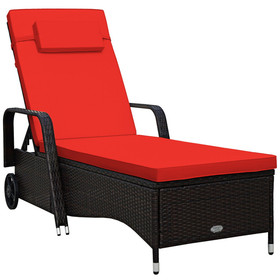 Costway 56184703 Outdoor Recliner Cushioned Chaise Lounge with Adjustable Backrest-Red & White