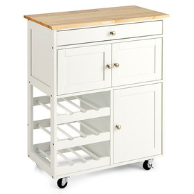 Costway 18629435 Kitchen Cart with Rubber Wood Top 3 Tier Wine Racks 2 Cabinets-White