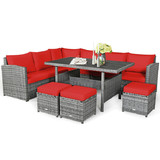 Costway 24168073 7 Pieces Patio Rattan Dining Furniture Sectional Sofa Set with Wicker Ottoman-Red