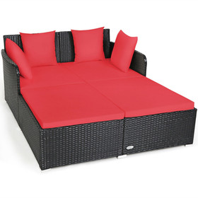 Costway 83724019 Outdoor Patio Rattan Daybed Thick Pillows Cushioned Sofa Furniture-Red