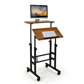 Costway 80465397 Height Adjustable Mobile Standing Desk with rolling wheels for office and home-Walnut