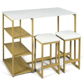 Costway 05987123 3 pcs Dining Set with Faux Marble Top Table and 2 Stools-Golden