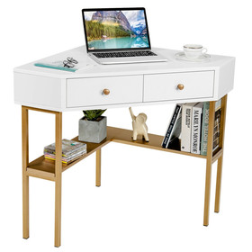 Costway 74582169 Space Saving Corner Computer Desk with 2 Large Drawers and Storage Shelf-Golden