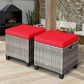 Costway 37201946 2PCS Patio Rattan Wicker Ottoman Seat with Removable Cushions-Red