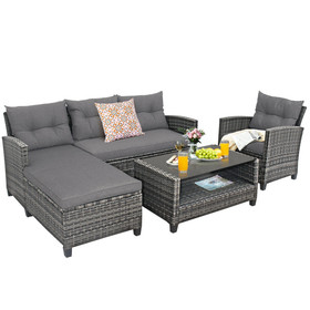 Costway 16798240 4 Pieces Patio Rattan Furniture Set with Cushion and Table Shelf-Gray