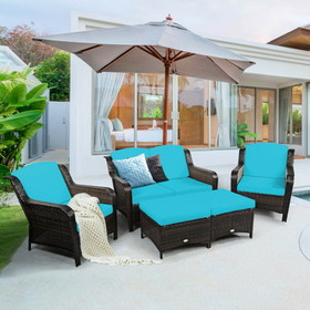 Costway 89175624 5 Pieces Patio Rattan Sofa Set with Cushion and Ottoman-Turquoise