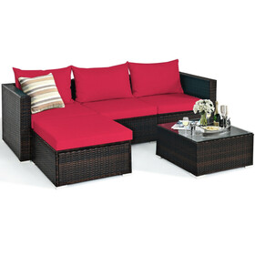 Costway 01856239 5 Pieces Patio Rattan Sectional Furniture Set with Cushions and Coffee Table-Red