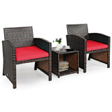 Costway 82715049 3 Pieces PE Rattan Wicker Furniture Set with Cushion Sofa Coffee Table for Garden-Red