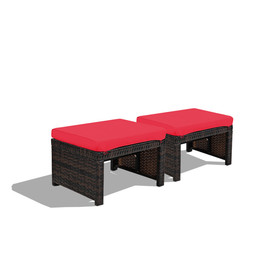 Costway 46187029 2 Pieces Patio Rattan Ottomans with Soft Cushion for Patio and Garden-Red