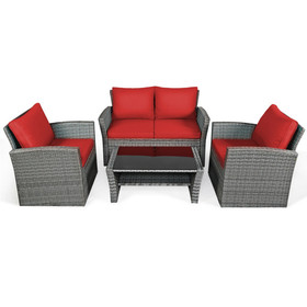 Costway 89105734 4 Pieces Patio Rattan Furniture Set Sofa Table with Storage Shelf Cushion-Red
