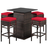 Costway 27658304 5 Pieces Patio Rattan Bar Table Stool Set Hidden Storage Shelf Cushioned-Red