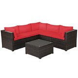 Costway 96354781 6 Pieces Patio Rattan Furniture Set Sectional Cushioned Sofa Deck-Red