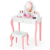 Costway 81926705 Kids Vanity Princess Makeup Dressing Table Stool Set with Mirror and Drawer-White