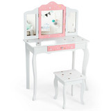 Costway 08634251 Kids Princess Vanity Table and Stool Set with Tri-folding Mirror and Drawer-White