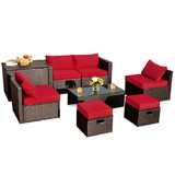 Costway 26357819 8 Pieces Patio Space-Saving Rattan Furniture Set with Storage Box and Waterproof Cover-Red