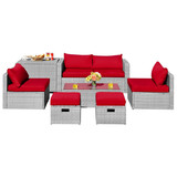 Costway 21549738 8 Pieces Patio Rattan Furniture Set with Storage Waterproof Cover and Cushion-Red