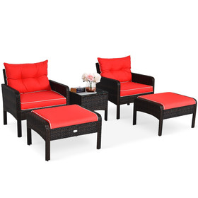 Costway 93472065 5 Pcs Patio Rattan Sofa Ottoman Furniture Set with Cushions-Red