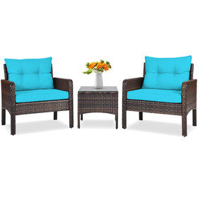 Costway 71840263 3 Pcs Outdoor Patio Rattan Conversation Set with Seat Cushions-Turquoise