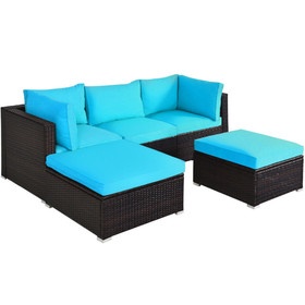 Costway 75384102 5 Pieces Patio Rattan Sectional Conversation Ottoman Furniture Set-Blue