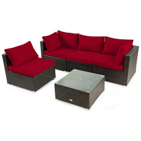 Costway 80457192 5 Pieces Cushioned Patio Rattan Furniture Set with Glass Table-Red
