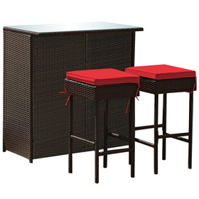 Costway 21389405 3PCS Patio Rattan Wicker Bar Table Stools Dining Set-Red