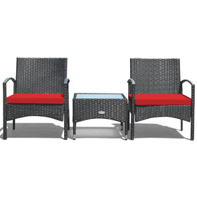 Costway 58367291 3 Pieces Patio Wicker Rattan Furniture Set with Cushion for Lawn Backyard-Red