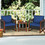 Costway 47029356 3 Pieces Patio Wicker Furniture Set with Washable Cushion and Acacia Wood Coffee Table-Navy