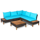 Costway 08756243 4 Pieces Patio Cushioned Rattan Furniture Set with Wooden Side Table-Turquoise