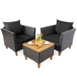 Costway 32074689 3 Pieces Patio Rattan Bistro Furniture Set with Wooden Table Top-Black
