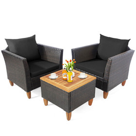 Costway 32074689 3 Pieces Patio Rattan Bistro Furniture Set with Wooden Table Top-Black
