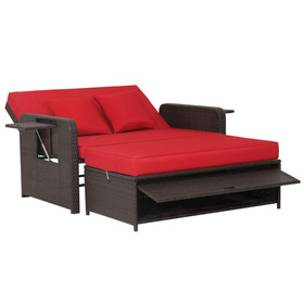 Costway 53762189 Patio Rattan Daybed with 4-Level Adjustable Backrest and Retractable Side Tray-Red