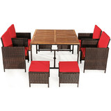 Costway 54106273 9 Pieces Patio Rattan Dining Cushioned Chairs Set-Red