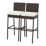 Costway 2 Pieces Patio Cushioned Wicker Barstools with Cozy Footrest-Set of 2