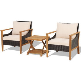 Costway 67298541 3 Pieces Patio Wicker Furniture Set with 2-Tier Side Table and Cushioned Armchairs-Natural