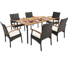 Costway 76593241 7 Pieces Patio Wicker Cushioned Dining Set with Wood Armrest and Umbrella Hole