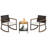 Costway 63149285 3 Pieces Rattan Rocking Bistro Set with Coffee Table and Cushions-Off White