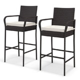 Costway 2/4 Pieces Outdoor PE Rattan Cushioned Barstool Set with Armrests-Set of 2