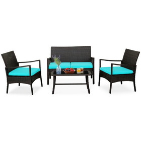 Costway 4 Pieces Rattan Conversation Set with Tempered Glass Coffee Table-Turquoise
