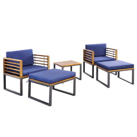 Costway 96784315 5 Piece Patio Acacia Wood Chair Set with Ottomans and Coffee Table-Navy