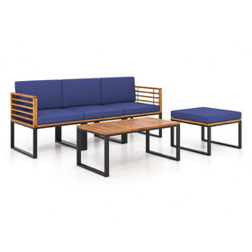 Costway 93654728 5-Piece Patio Acacia Wood Chair Set with Ottoman and Coffee Table-Navy