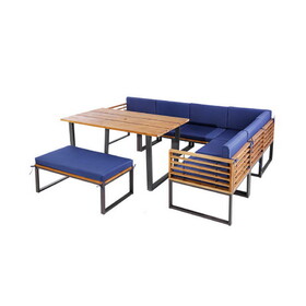 Costway 37915462 8 Pieces Patio Acacia Wood Dining Table Set with Ottoman Cushions-Navy