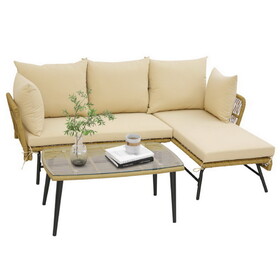 Costway 3 Pieces L-Shaped Patio Sofa with Cushions and Tempered Glass Table-Beige