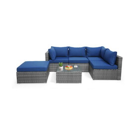 Costway 41268379 6 Pieces Outdoor Rattan Sofa Set with Seat and Back Cushions-Navy