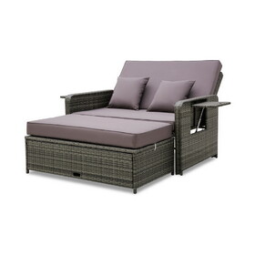 Costway 53276189 Wicker Loveseat Sofa with Multipurpose Ottoman and Retractable Side Tray-Gray