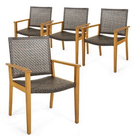 Costway 84576921 Set of 4 Outdoor Rattan Chair with Sturdy Acacia Wood Frame-Set of 4