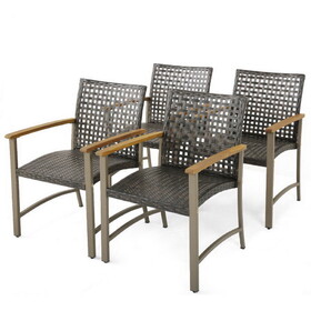 Costway 49753826 Set of 4 Patio Rattan Dining Chairs with Acacia Wood Armrests-Set of 4